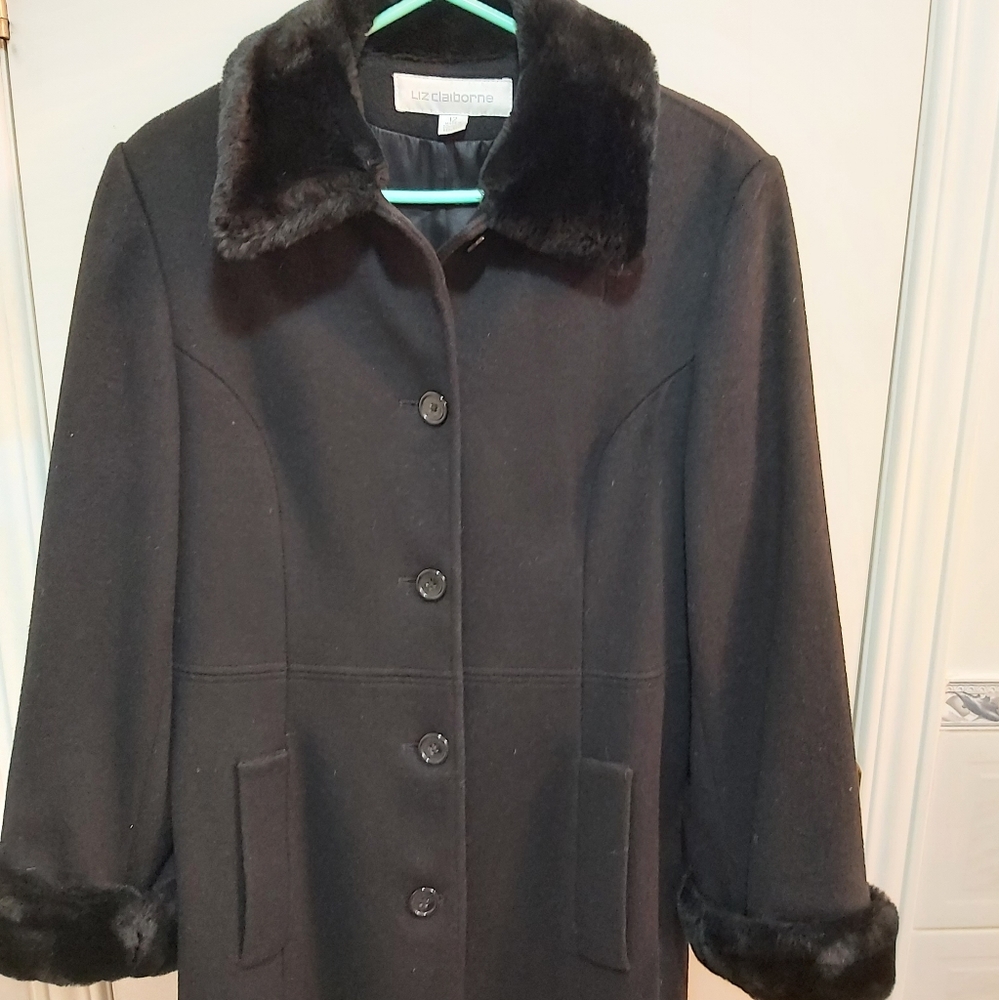 LIZ CLAIBORNE Black Wool Luxurious Trench Coat, Size 12